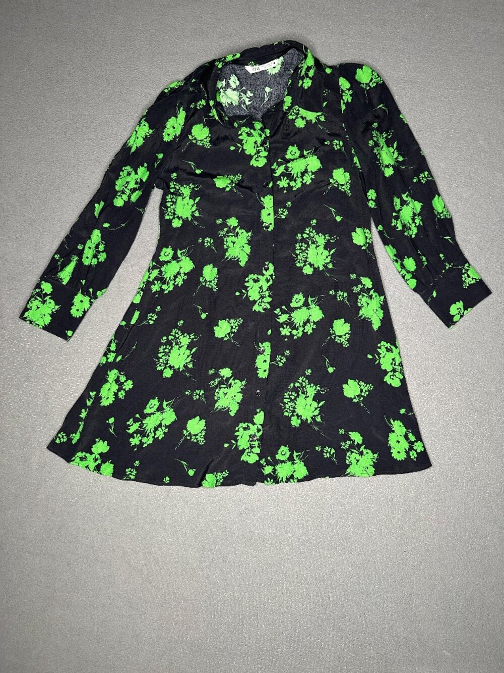 Zara Black Green Floral Shirt Dress Size M Button Front Puff Sleeve Mini
